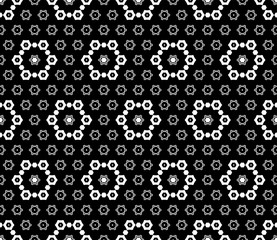 Vector monochrome seamless pattern. Black & white abstract ornamental texture. Dark ornate background with simple geometric figures. Illustration of lace, delicate hexagonal grid. Elegant design