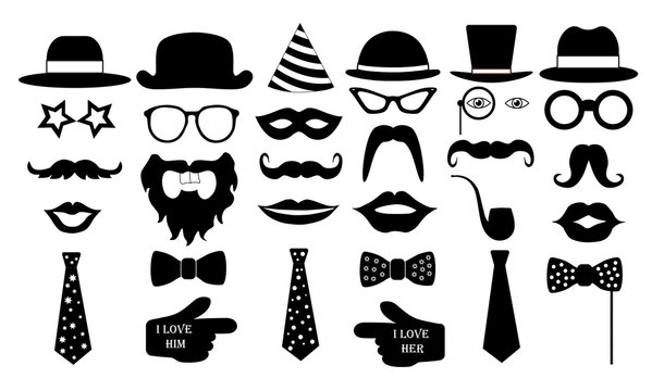 Retro party set. Glasses, hats, lips, mustaches, tie, monocle, icons. vector illustration