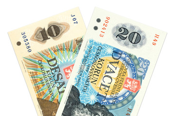 two czechoslovak koruna bank notes