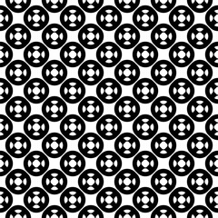 Vector seamless pattern with simple geometric figures, perforated circles, smooth lines. Black & white illustration. Endless abstract background. Modern monochrome texture. Repeat design element