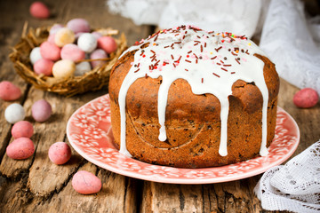 Easter cake and colorful candy eggs