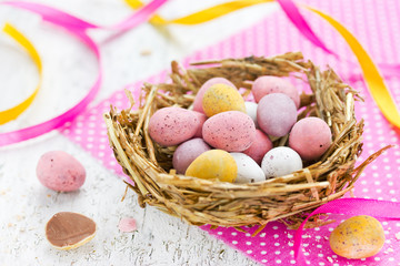 Easter chocolate candy eggs in straw nest