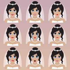 Set of cute bride emoticons.