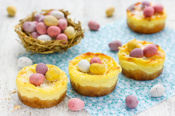 Easter nest cakes with colorful chocolate candy eggs