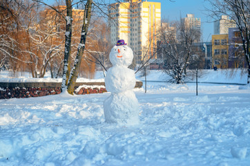 Snowman with purple hat in city park