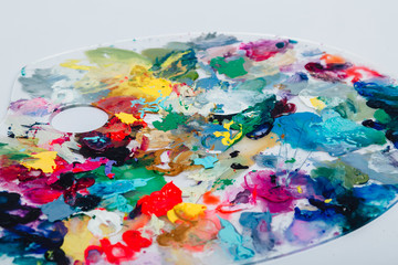 The artist's palette stained with paint. On a white background, nobody