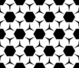 Vector monochrome seamless pattern, simple geometric figures, hexagons & triangles. Repeat abstract black & white background, modern endless texture. Design element for prints, decor, digital, web