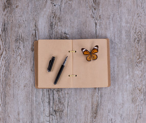 butterfly, notebook and pen, collector of butterflies, a wooden table