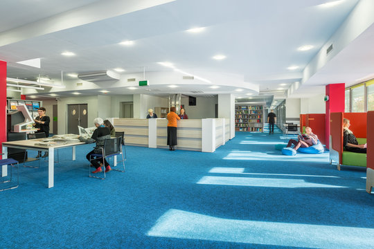 University library with blue floor