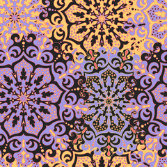 Seamless pattern with symmetrical mandalas. Ethnic texture in