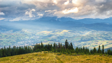 Picturesque Carpathian mountains landscape at height, Ukraine.