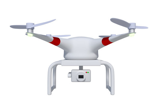 Front view of drone or quadcopter in white equipped with gimbal