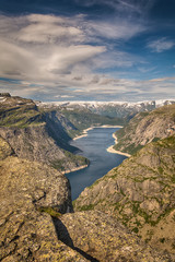Fototapeta premium View on the lake from the road Trolltunga Ringedalsvatnet
