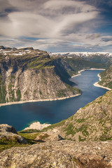 Fototapeta premium View on the lake from the road Trolltunga Ringedalsvatnet