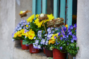 Beautiful flowers with Easter egg decoration on window sill