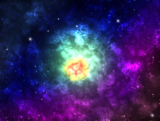 Colorful outer space galaxy nebula gas clouds bright shining stars navy blue purple red yellow