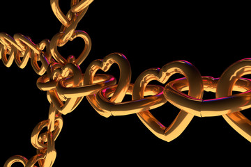 3D-Rendering von Ketten aus goldenen Herzen mit schwarzem Hintergrund