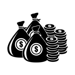 bags with money and stacks of coins over white background. vector illustration