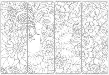 Cup of coffee and flowers. Vector set of decorative monochrome bookmarks