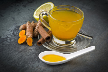 herbal tea with turmeric powder,slices and cinnamon