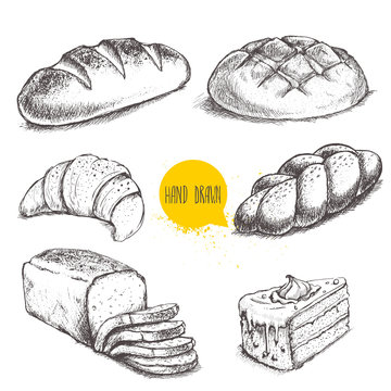 Vintage hand drawn sketch style bakery set. Bread and pastry sweets on white background.