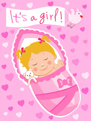 Newborn Vector Child. Baby Is Asleep. Little Girl, Sleeping Girl Vector Illustration. Girl With A Toy. It's a Girl. Invitation And Congratulation. Newborn Baby.