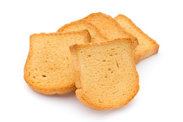 Slices of toast bread on wooden table, top view.