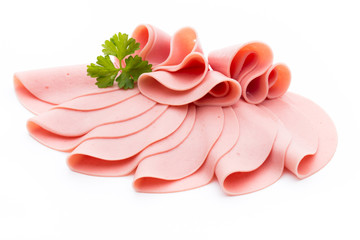 Sliced boiled ham sausage isolated on white background, top view