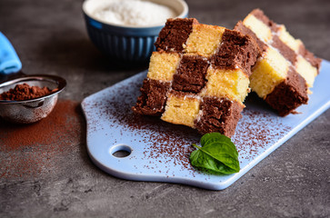 Chessboard cake with coconut filing