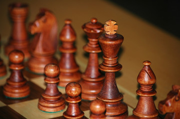 Chess on a wooden board