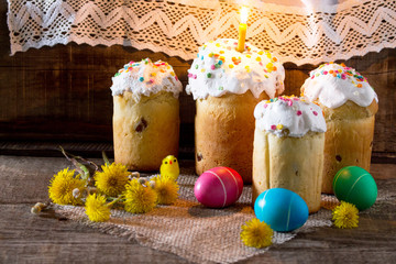The traditional Easter treats: cakes and colorful easter eggs on