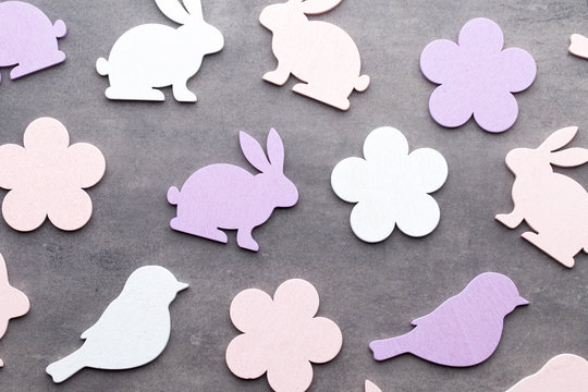 Easter decor on a wooden background. Pattern.