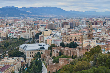 Fototapeta na wymiar Panoramic view of Malaga Downtown in a cold day