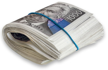 Bunch Croatian banknotes 1000 kunas isolated on white background