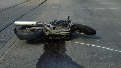 Crash broken moto bike on accident site