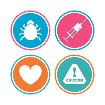 Bug and vaccine signs. Heart, spray can icons.