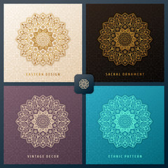 Ethnic vector invitation set with mandala design element. Square label template. Luxury floral weave pattern