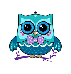 Cute funny owl. Forest bird or animal. Decorative and style toy, doll. Wonderland. Magic, fabulous story. Isolated children's cartoon illustration, for print or sticker. White background. Vector.