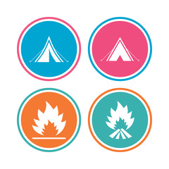 Tourist camping tent signs. Fire flame icons.