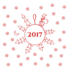 Red ball with Christmas trees, Santa Claus, snowflakes and gifts