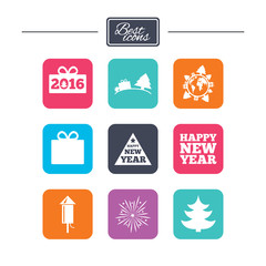 Christmas, new year icons. Gift box, fireworks.