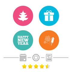 Happy new year sign. Christmas tree and gift box.