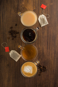Cups with tea and coffee