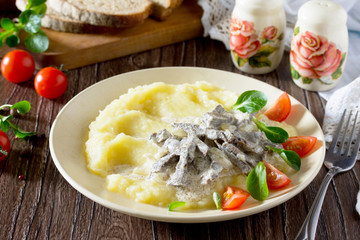 Traditional hot meat stew with sour cream and garnish mashed pot