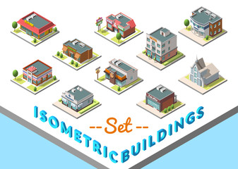 Vector isometric buildings set. Isolated on white background