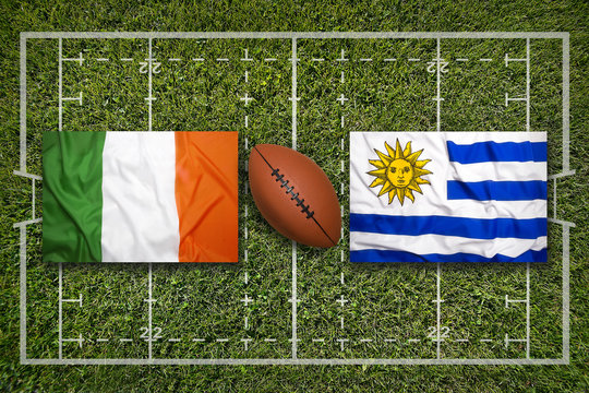 Ireland vs. Uruguay flags on rugby field