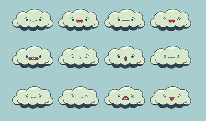 Set of vector kawaii cloud emoticons. Isolated on light blue background.