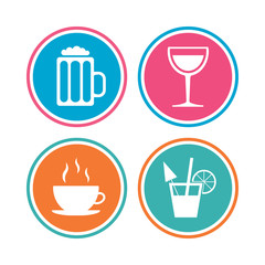 Drinks signs. Coffee cup, glass of beer icons.