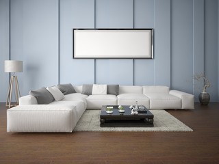 Mock up a fashionable living room with a large comfortable sofa and empty frame.
