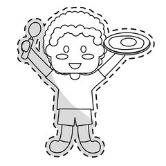 cute kid holding a spoon and plate with egg over white background. vector illustration